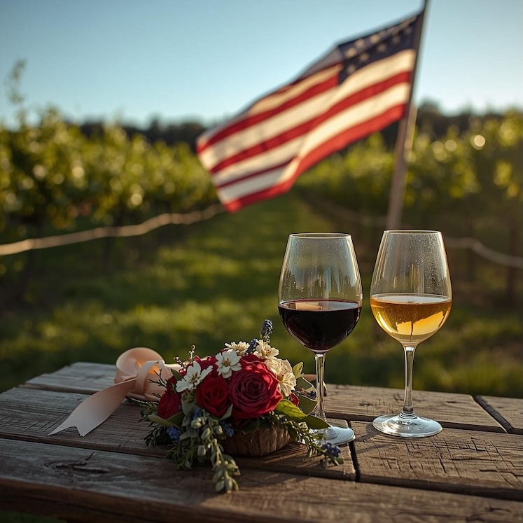 table in the land with wine on it