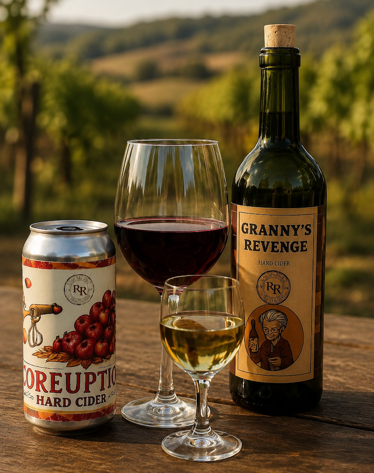 signature wine and cider displayed on table